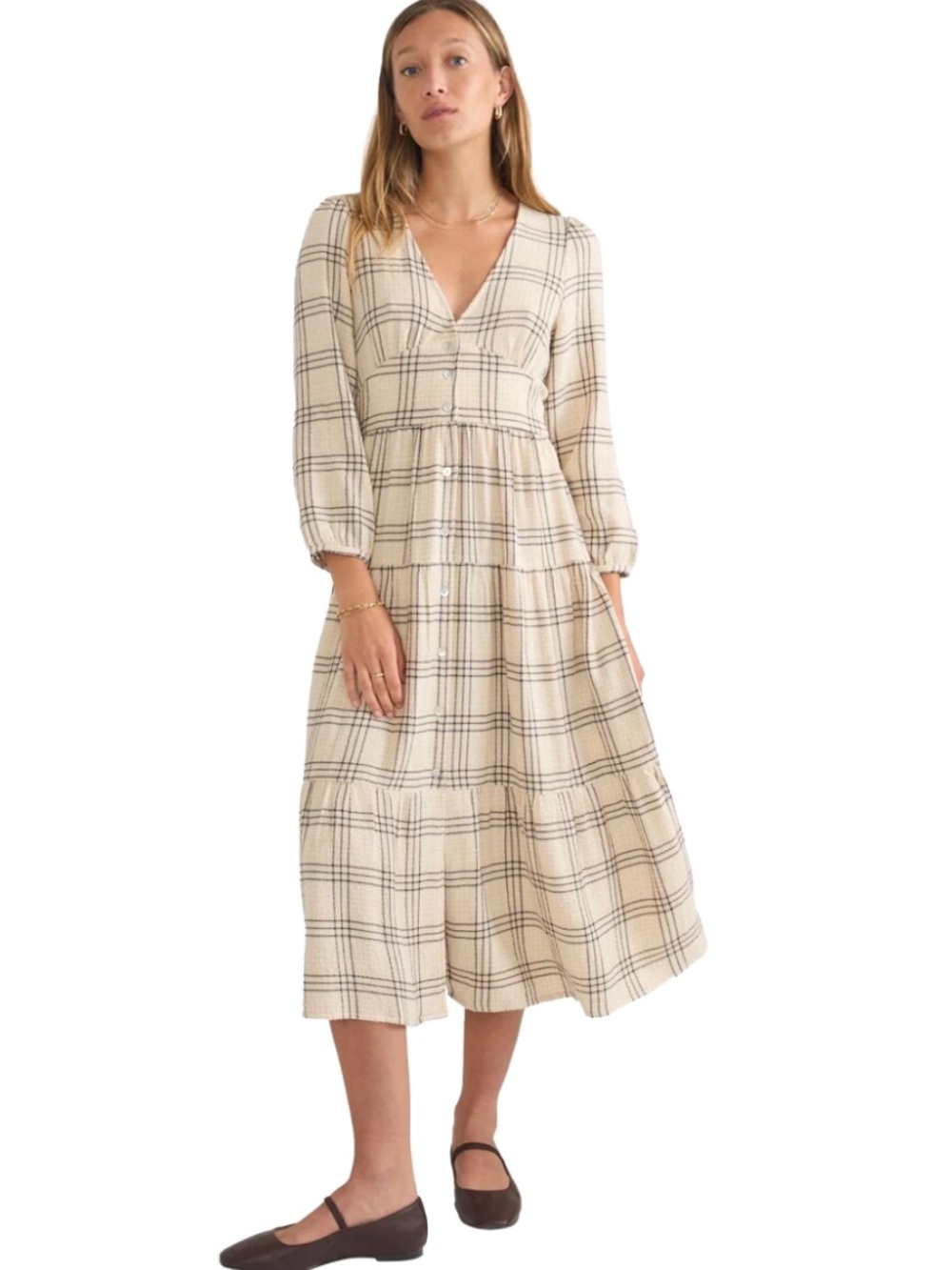 Marine Layer Long Sleeve Tiered Cowgirl Maeve Midi Dress in Cream Windowpane